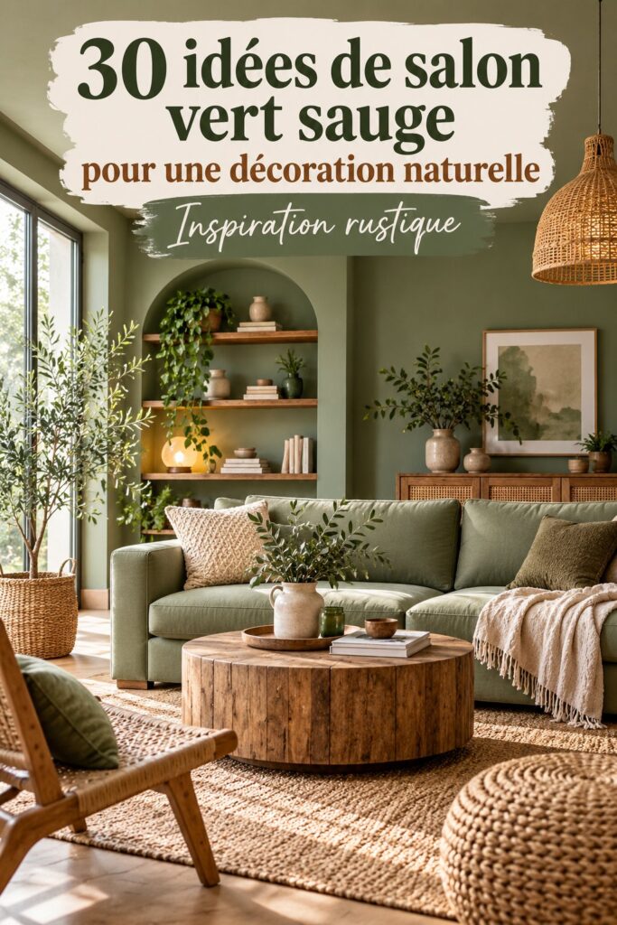 Un salon décoré en vert sauge, chaleureux et accueillant, avec des éléments en bois.