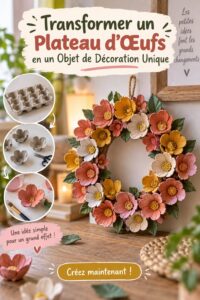 Un plateau d'œufs coloré transformé en objet de décoration bohème sur une table en bois.