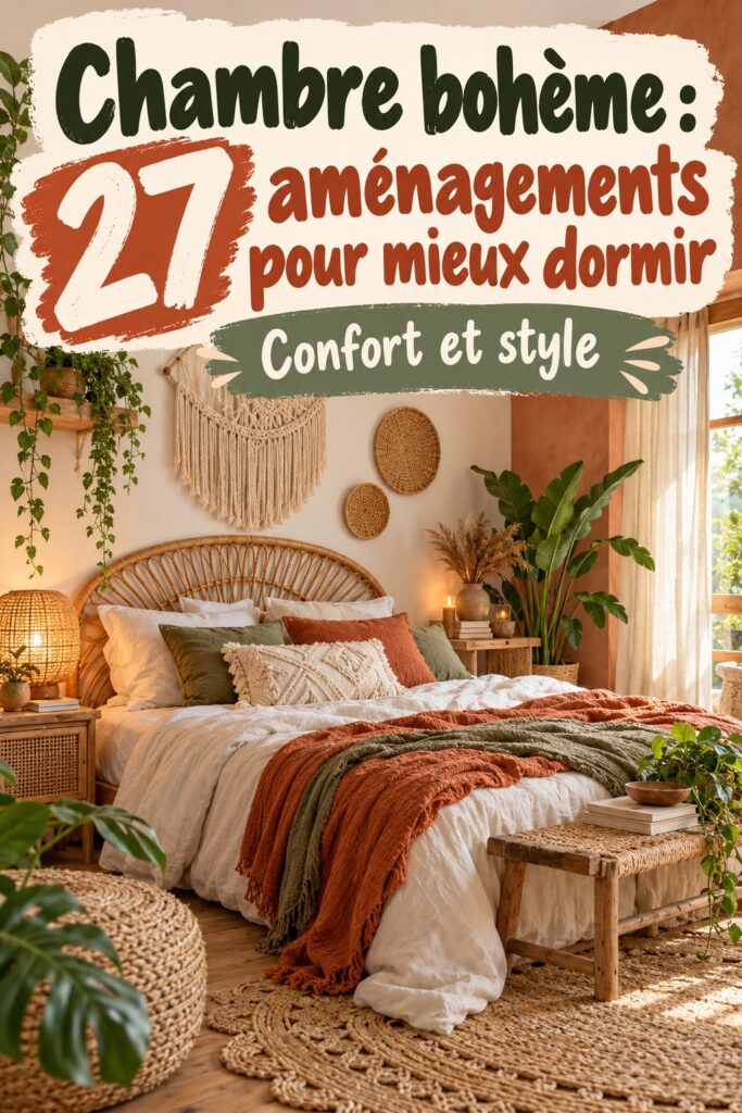 Chambre bohème chaleureuse avec des éléments décoratifs apaisants