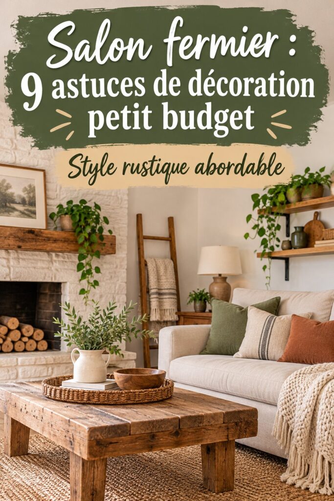 Salon fermier décoré avec des matériaux naturels et chaleureux.