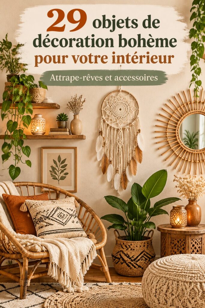 Attrape-rêves suspendu dans un intérieur bohème avec des herbes sur une étagère