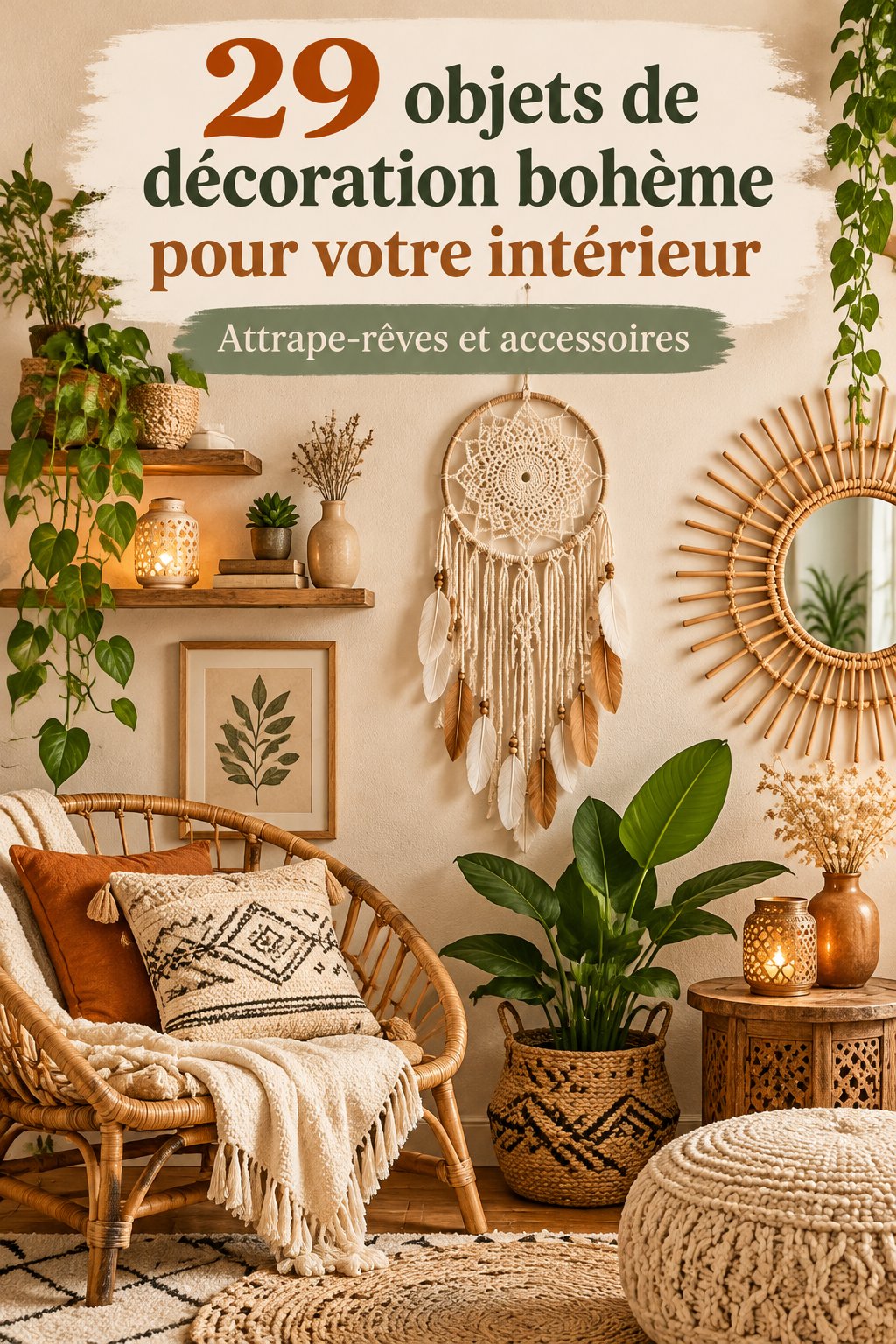 Attrape-rêves suspendu dans un intérieur bohème avec des herbes sur une étagère