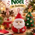 Bricolages en feutrine colorée pour Noël, comprenant des guirlandes et des ornements.