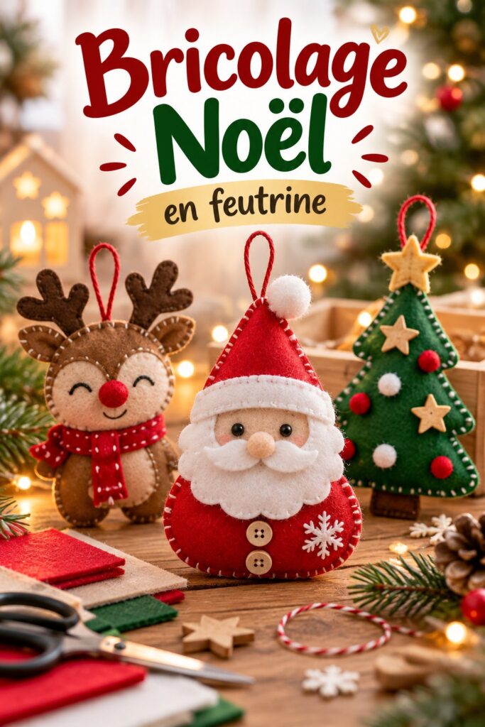 Bricolages en feutrine colorée pour Noël, comprenant des guirlandes et des ornements.