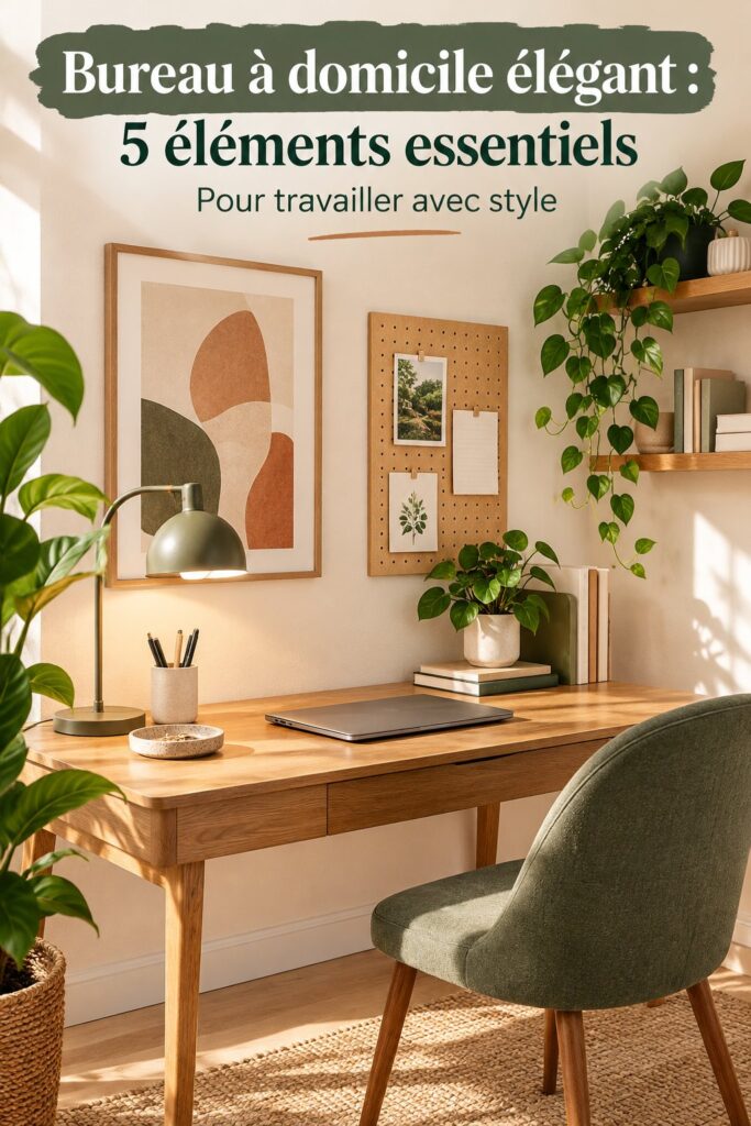 Un bureau à domicile chic décoré avec du bois et des plantes vertes.