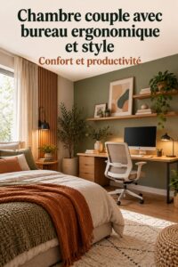 Un bureau élégant et confortable dans une chambre au style bohème, avec des plantes et des textiles doux.
