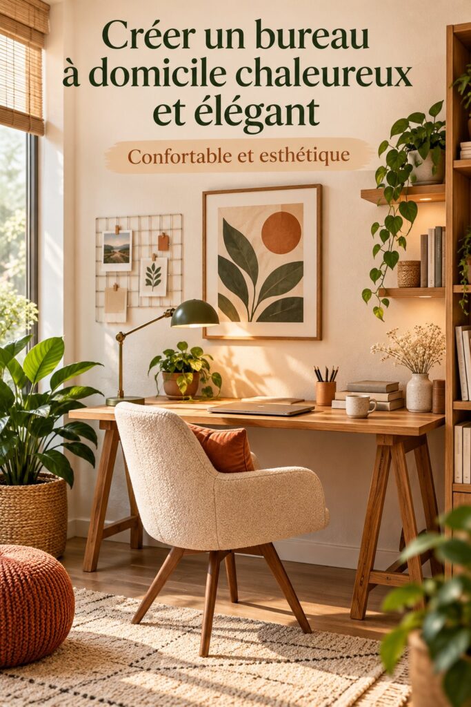 Bureau à domicile cosy avec des éléments de décoration bohème