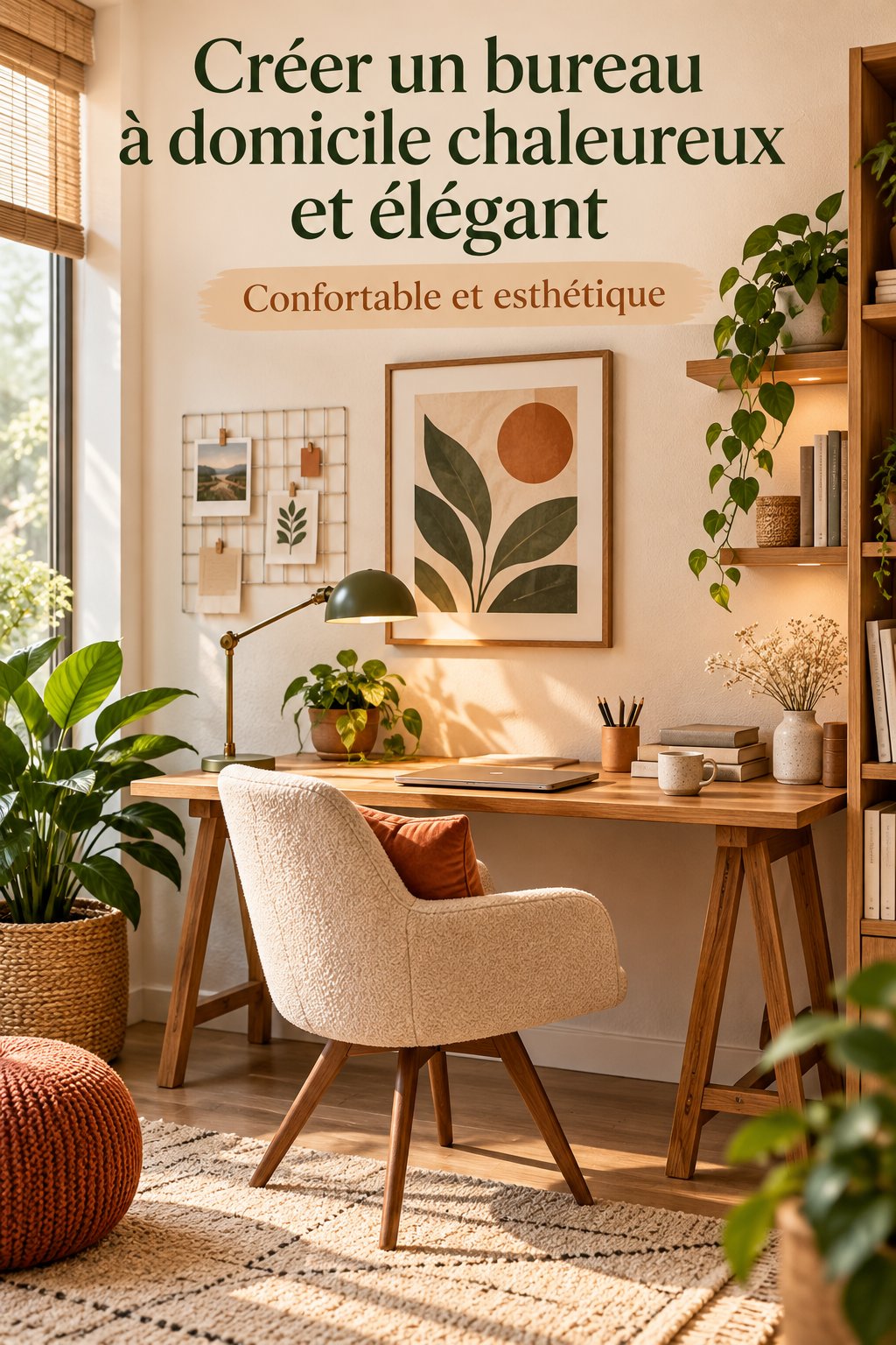 Bureau à domicile cosy avec des éléments de décoration bohème