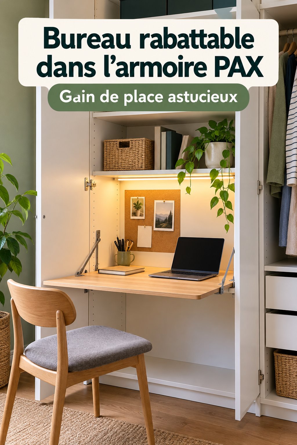 Bureau aménagé dans un placard PAX avec un style bohème