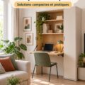 Bureau compact dans un salon décoré dans un style bohème chaleureux