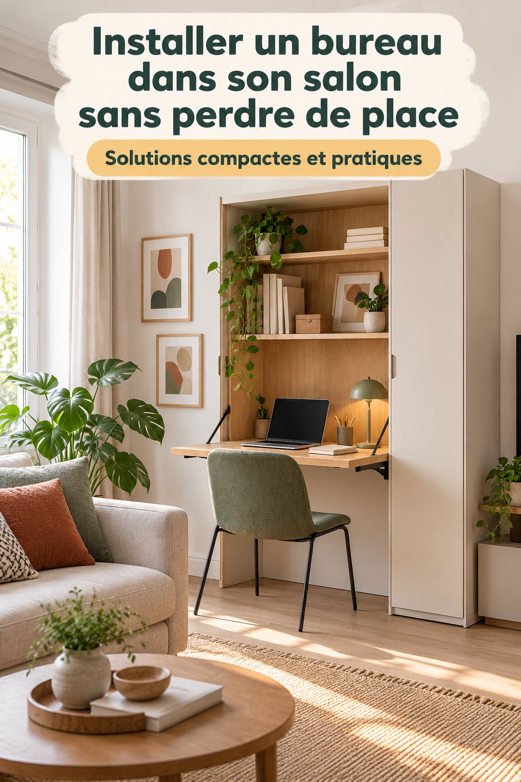 Bureau compact dans un salon décoré dans un style bohème chaleureux