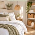 Chambre apaisante avec draps blancs et rangements en osier