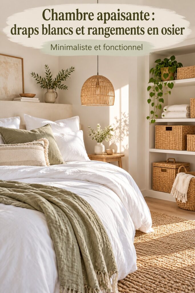 Chambre apaisante avec draps blancs et rangements en osier