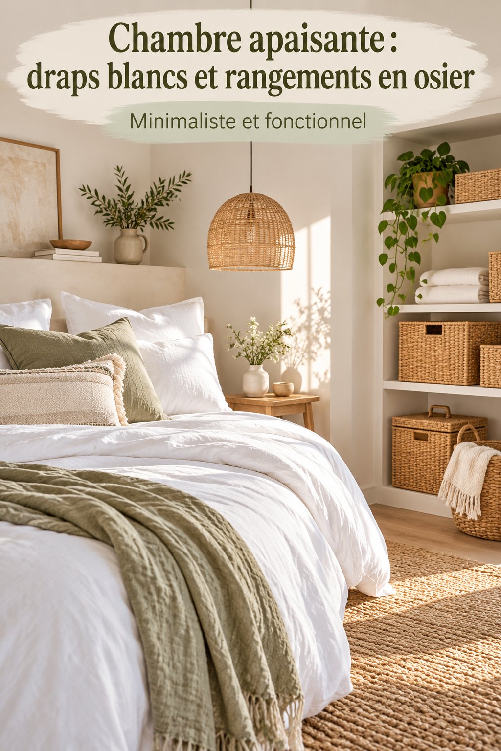 Chambre apaisante avec draps blancs et rangements en osier