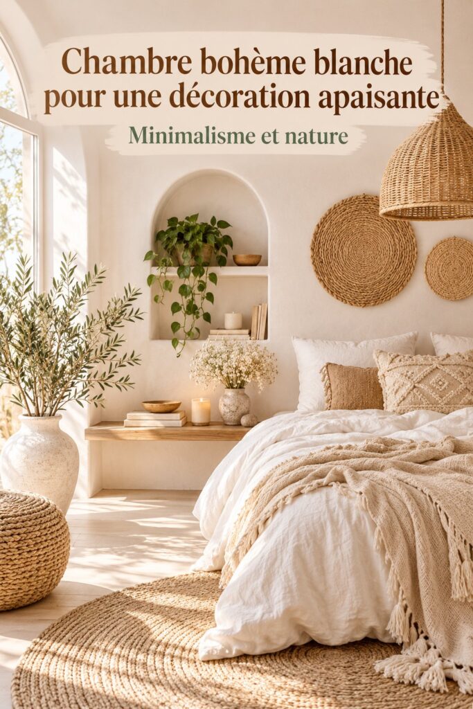 Une chambre bohème blanche avec des éléments naturels et apaisants
