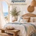 Chambre décorée dans un style bohème côtier avec des couleurs apaisantes et des accessoires naturels.