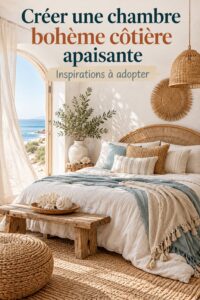 Chambre décorée dans un style bohème côtier avec des couleurs apaisantes et des accessoires naturels.