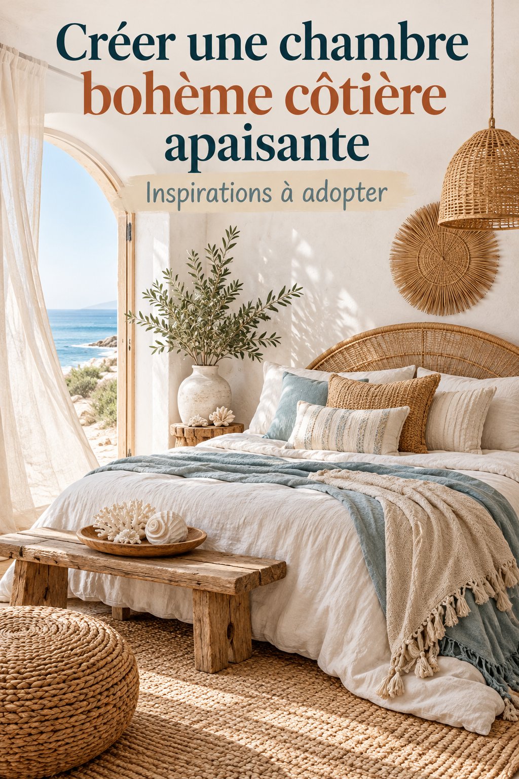 Chambre décorée dans un style bohème côtier avec des couleurs apaisantes et des accessoires naturels.