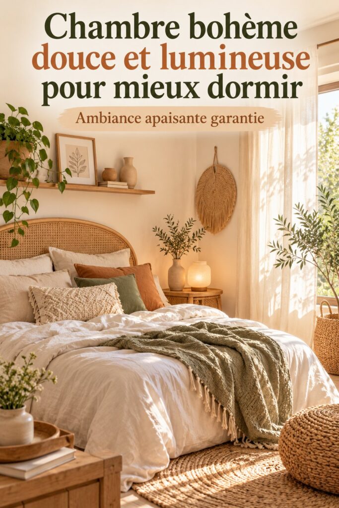 Chambre décorée dans un style bohème, lumineuse et accueillante, idéale pour un sommeil paisible.