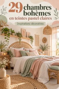 Chambre bohème décorée avec des touches pastel lumineuses et chaleureuses.