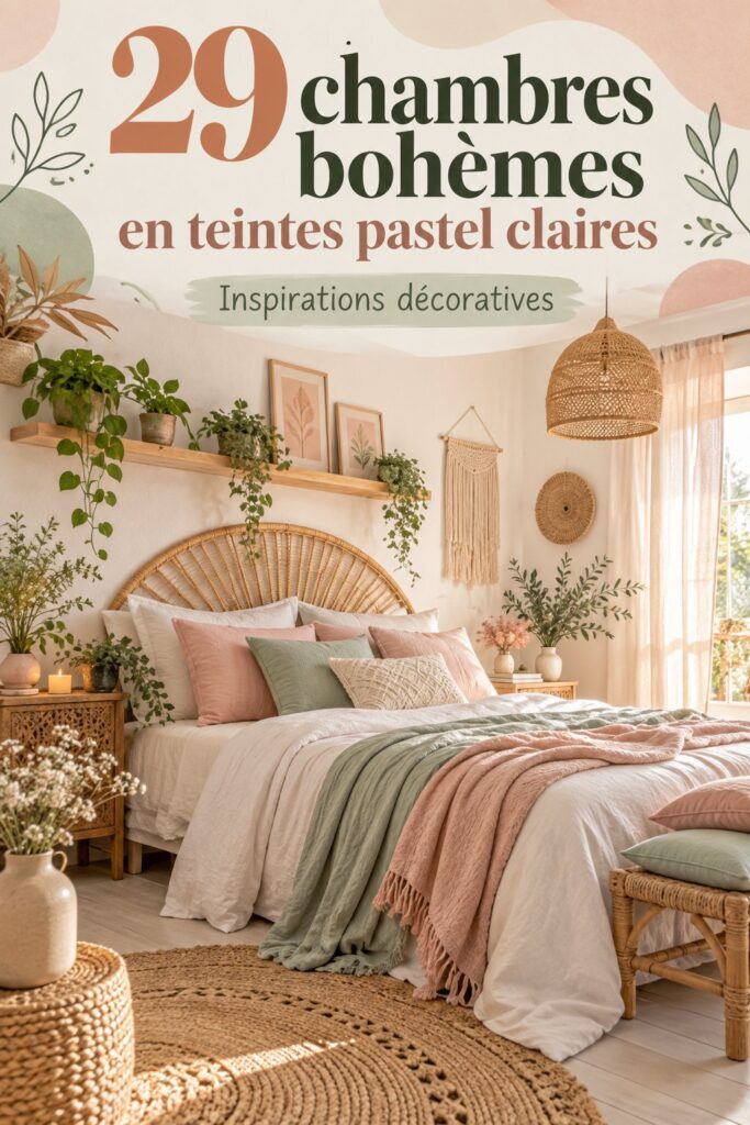 Chambre bohème décorée avec des touches pastel lumineuses et chaleureuses.