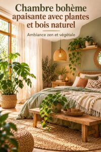 Chambre bohème avec des plantes vertes et du bois naturel, ambiance paisible