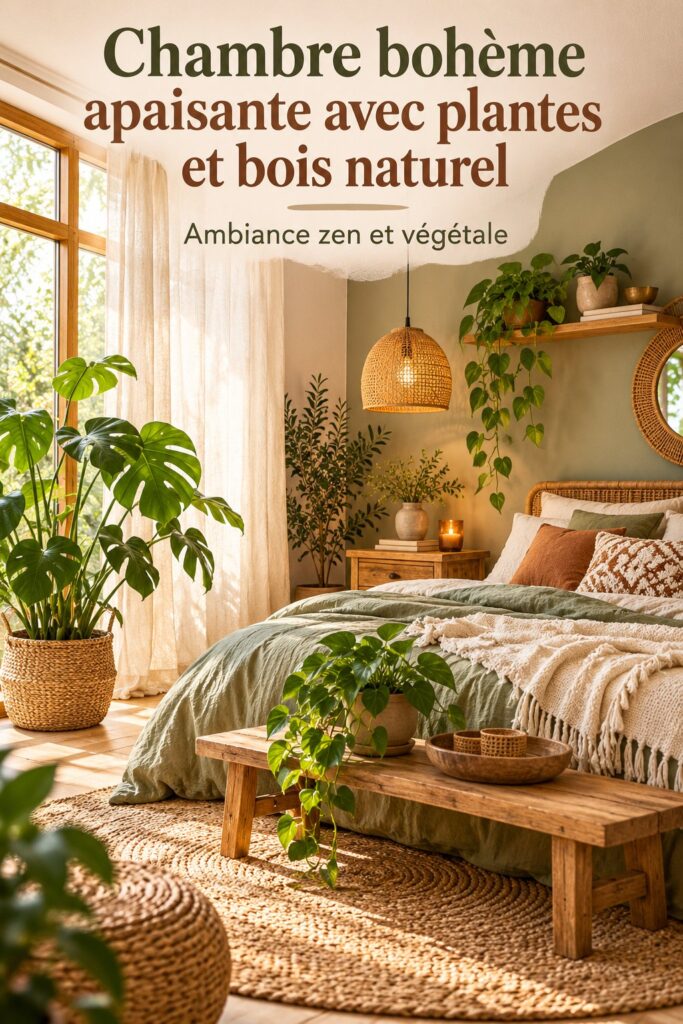 Chambre bohème avec des plantes vertes et du bois naturel, ambiance paisible
