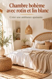 Chambre décorée dans un style bohème avec de la vannerie et du lin blanc
