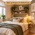 Chambre douillette et cosy dans un petit espace, décorée avec des textiles chauds.