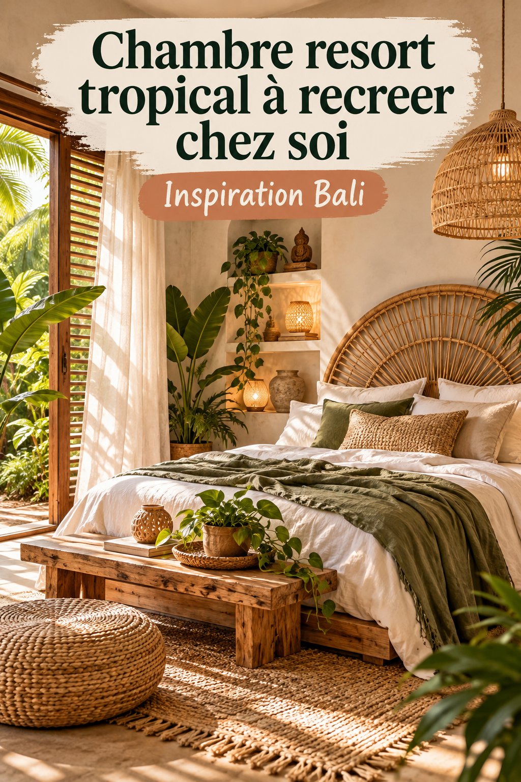 Chambre inspirée de Bali avec des tissus naturels et des éléments de décoration cosy