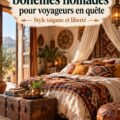 Une chambre bohème chaleureuse avec des tissus colorés et des éléments de voyage.