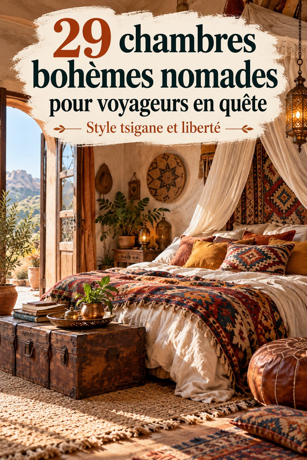 Une chambre bohème chaleureuse avec des tissus colorés et des éléments de voyage.