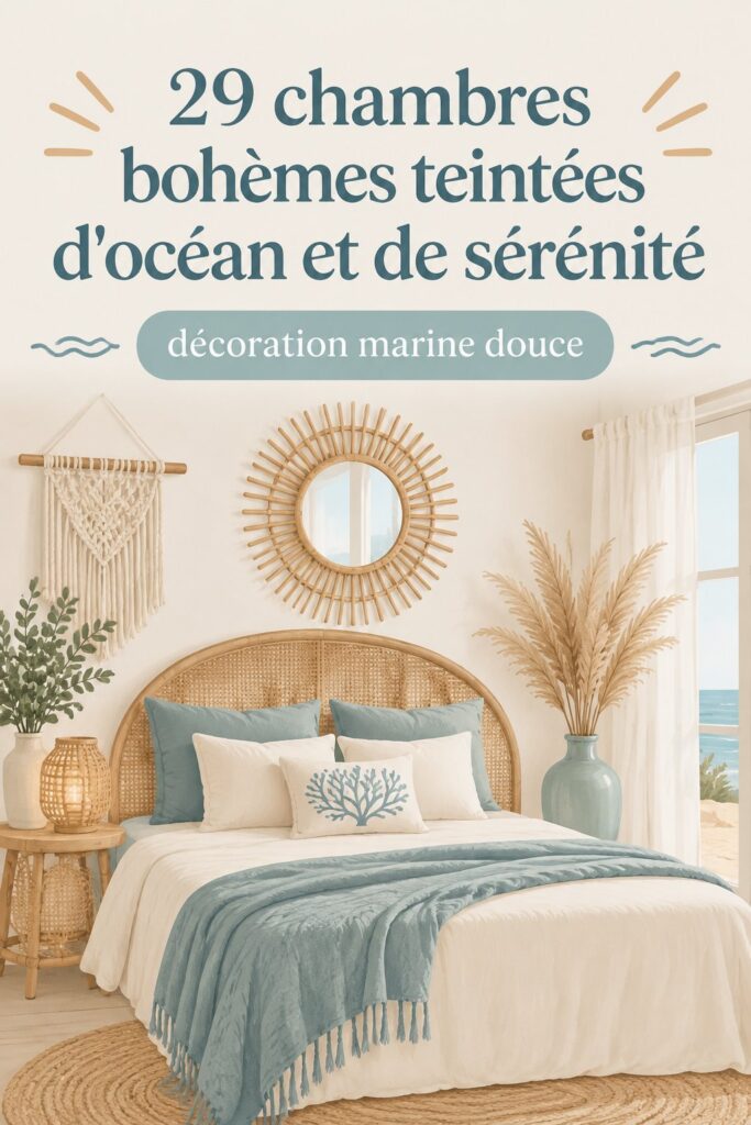 Chambre bohème inspirée de l'océan avec des teintes douces et des accessoires marins.