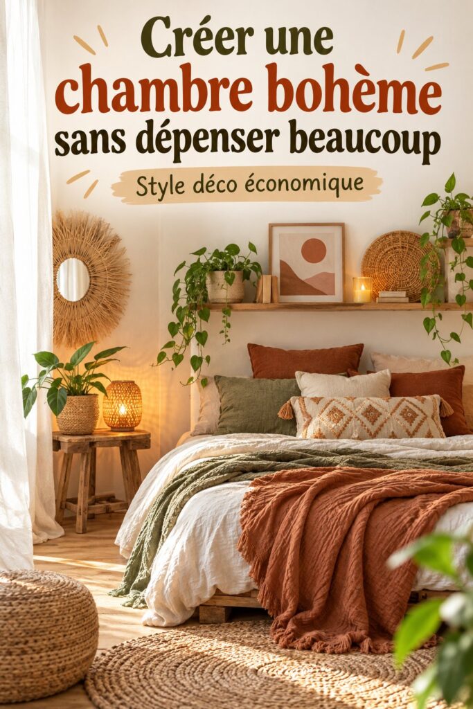 Chambre boho chic avec des textiles colorés et des plantes vertes.