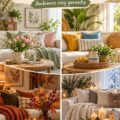 Salon décoré dans un style bohème, mettant en avant des éléments saisonniers