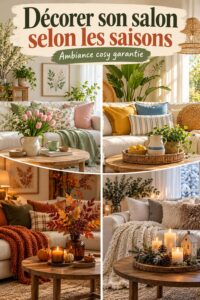 Salon décoré dans un style bohème, mettant en avant des éléments saisonniers