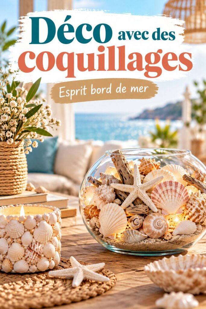 Déco intérieure bohème avec des coquillages sur une table en bois.