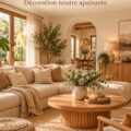 Salon cosy avec une décoration bohème en bois et beige, créant une ambiance chaleureuse.