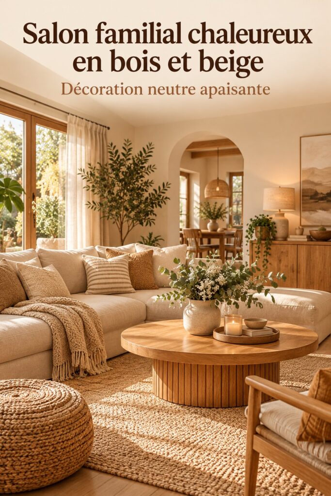 Salon cosy avec une décoration bohème en bois et beige, créant une ambiance chaleureuse.