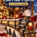 Intérieur décoré avec un style inspiré du train Polar Express, chaleureux et festif.