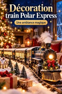 Intérieur décoré avec un style inspiré du train Polar Express, chaleureux et festif.