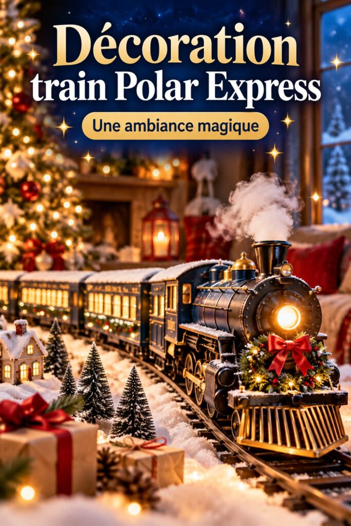 Intérieur décoré avec un style inspiré du train Polar Express, chaleureux et festif.