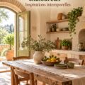Intérieur de maison avec décoration chaleureuse de style ferme italienne, ambiance cosy et accueillante.