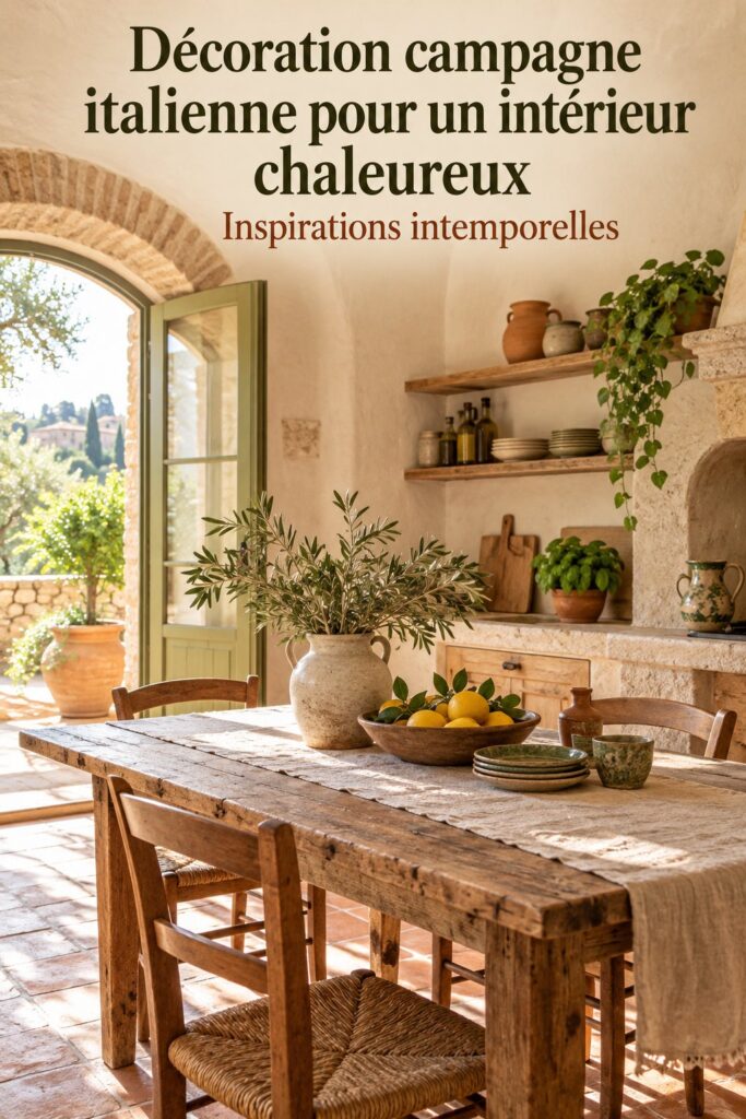 Intérieur de maison avec décoration chaleureuse de style ferme italienne, ambiance cosy et accueillante.