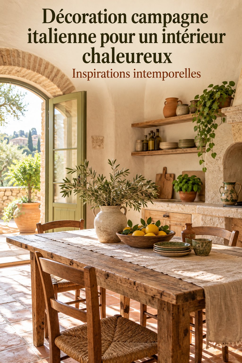 Intérieur de maison avec décoration chaleureuse de style ferme italienne, ambiance cosy et accueillante.