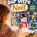 Fenêtre joliment décorée avec des motifs de Noël peints sur le verre, créant une ambiance chaleureuse.