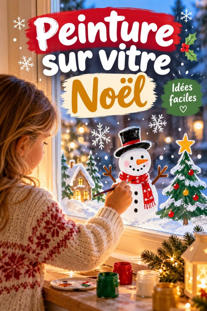 Fenêtre joliment décorée avec des motifs de Noël peints sur le verre, créant une ambiance chaleureuse.