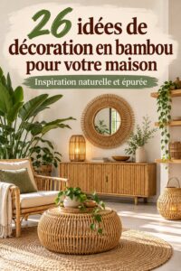 Un salon bohème décoré avec des éléments en bambou, créant une ambiance chaleureuse et naturelle.