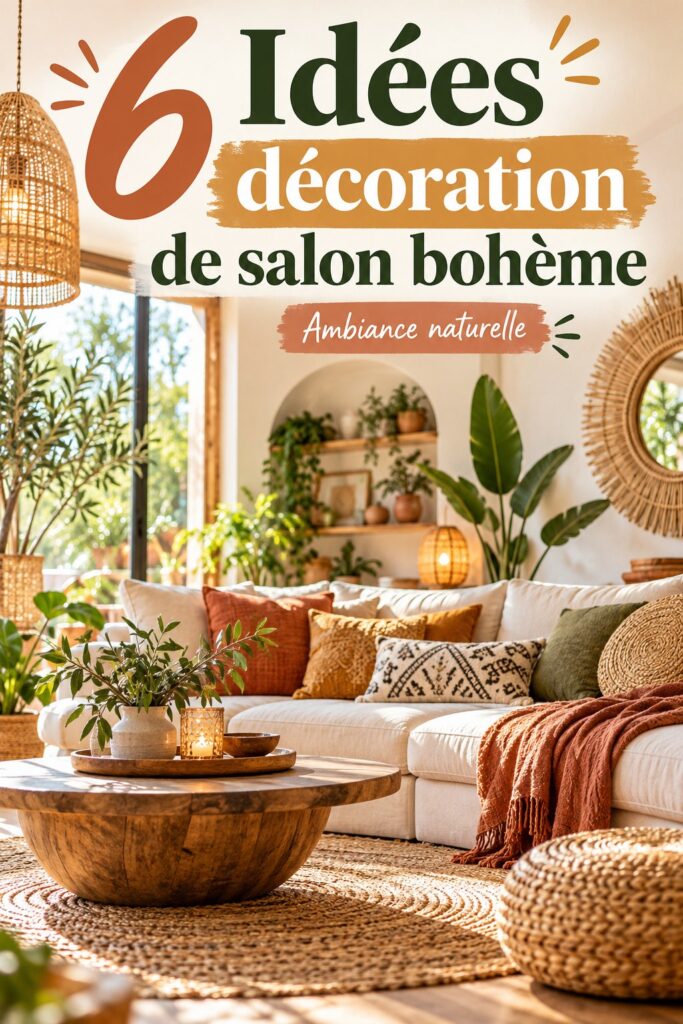 Salon décoré dans un style bohème avec des couleurs chaudes et des éléments naturels.