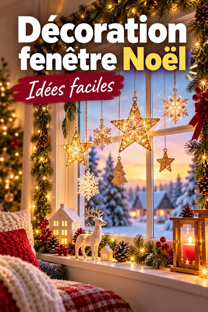 Fenêtre décorée avec des éléments de Noël en style bohème